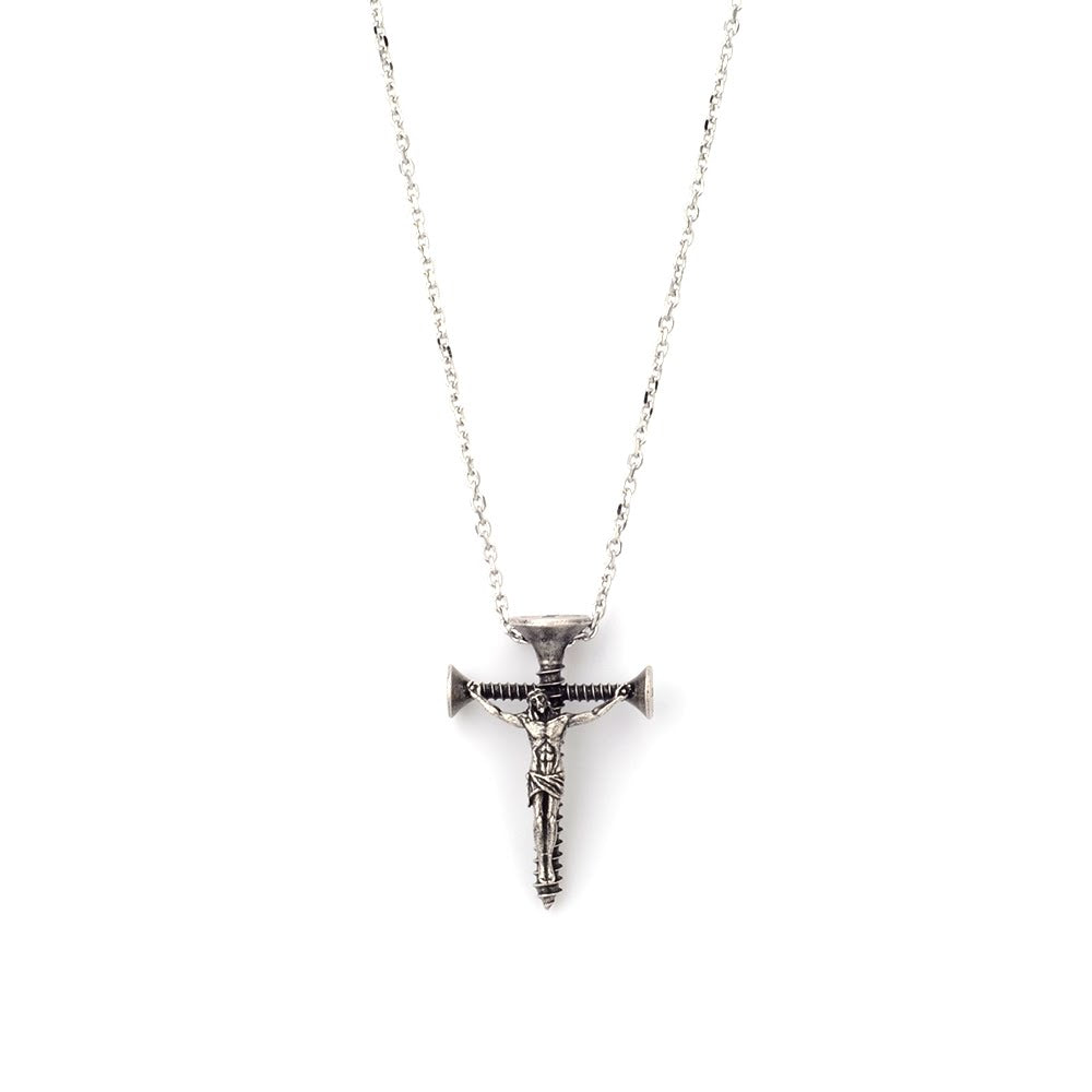 Close-up of handcrafted screw crucifix showing intricate industrial hardware details and weathered finish"