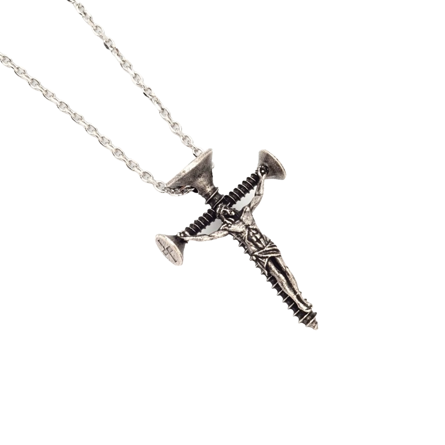 Industrial screw crucifix pendant in vintage stainless steel, front view showing detailed hardware construction