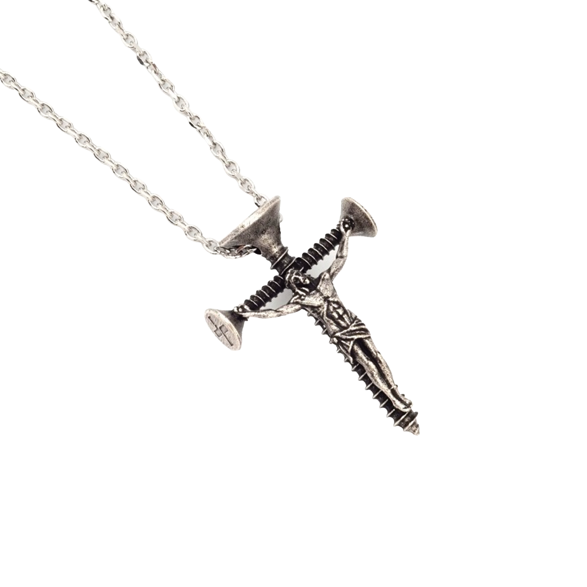 Industrial screw crucifix pendant in vintage stainless steel, front view showing detailed hardware construction