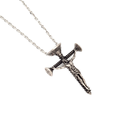 Industrial screw crucifix pendant in vintage stainless steel, front view showing detailed hardware construction